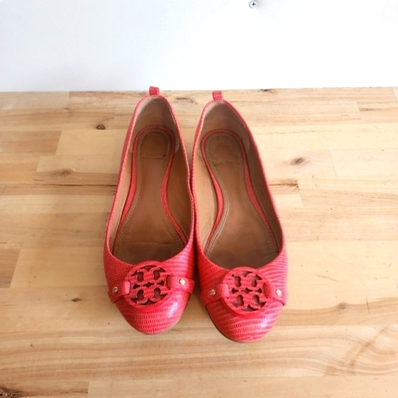 TORY BURCH ORANGE/MELON MINI MILLER LIZARD PRINT LEATHER FLATS SIZE 8 - Picture 1 of 6